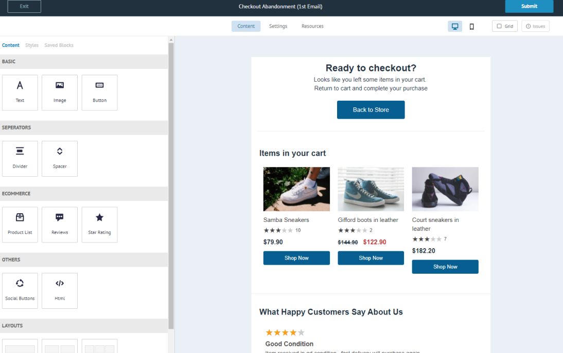The Marketing Platform email editor: a block palette with Product List, Reviews, and Star Rating blocks on the left, and a live email preview pulling real products, prices, and ratings from the store.