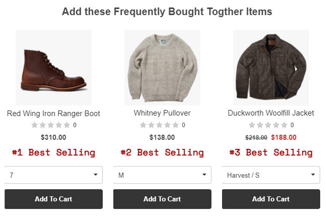 A recommendation popup titled Frequently Bought Together, showing three ranked products with prices and add-to-cart buttons