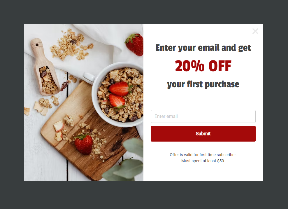 A welcome email-capture popup offering 20 percent off a first order, the kind ActionPop shows only to first-time visitors